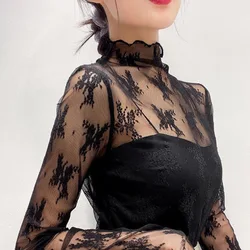 Sexy Mesh Lace See Through T-shirt For Women Korean Tops Long Sleeve Floral Print O Neck Tee Tops Bottoming Blouses Streetwear