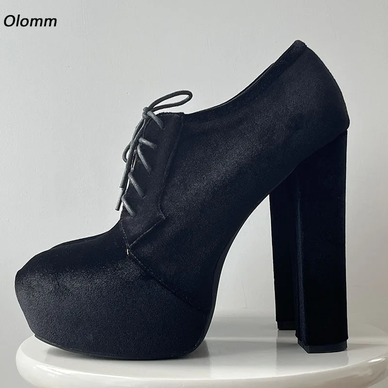

Olomm Handmade Women Spring Pumps Velet Sexy Thin High Heels Round Toe Pretty Black Party Shoes Ladies Plus US Size 5-20