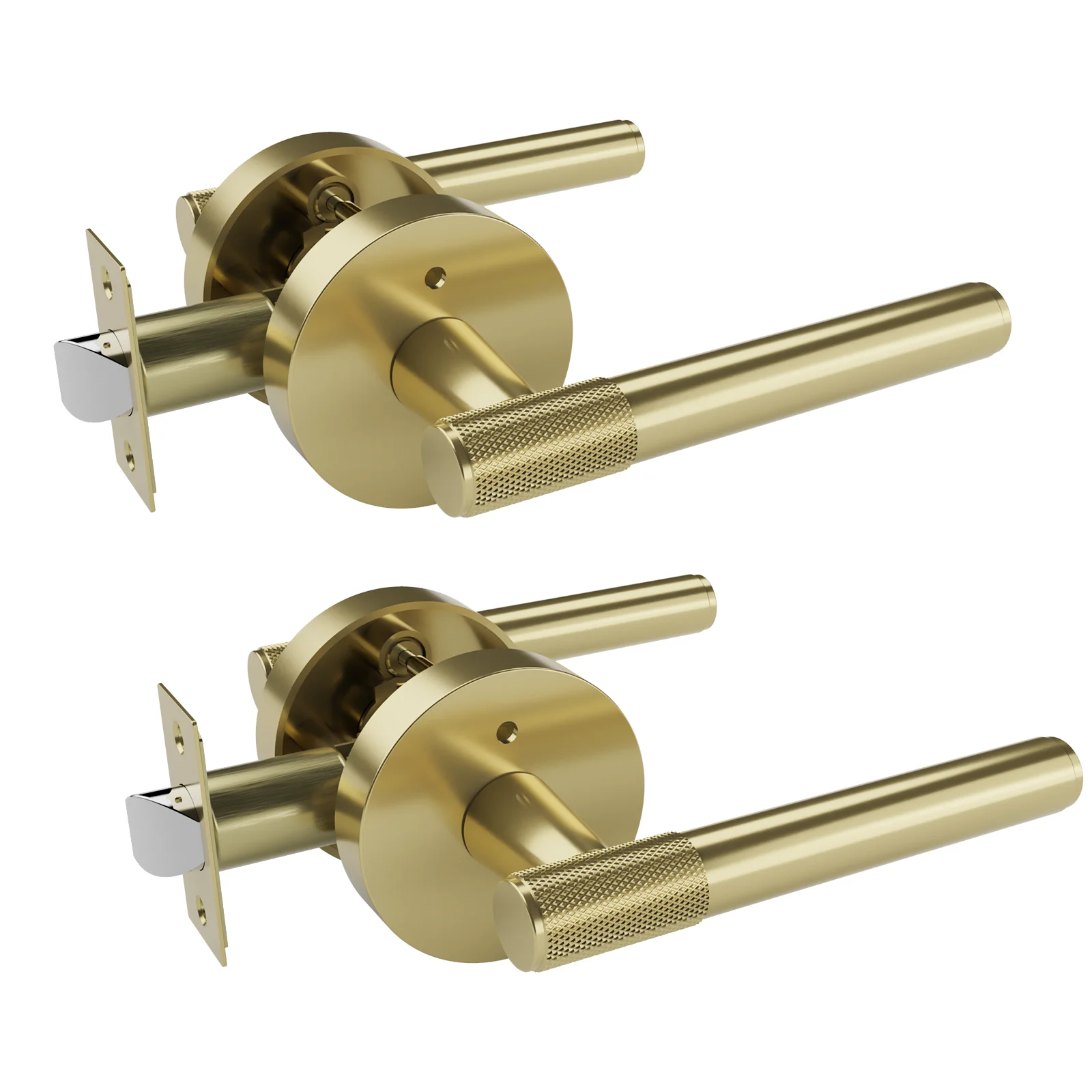 

Viladepot 2PCS Privacy Door Handle Front Knurled Handle Lever Matte Gold Round Base Bedroom Bathroom Door Lock Reversible