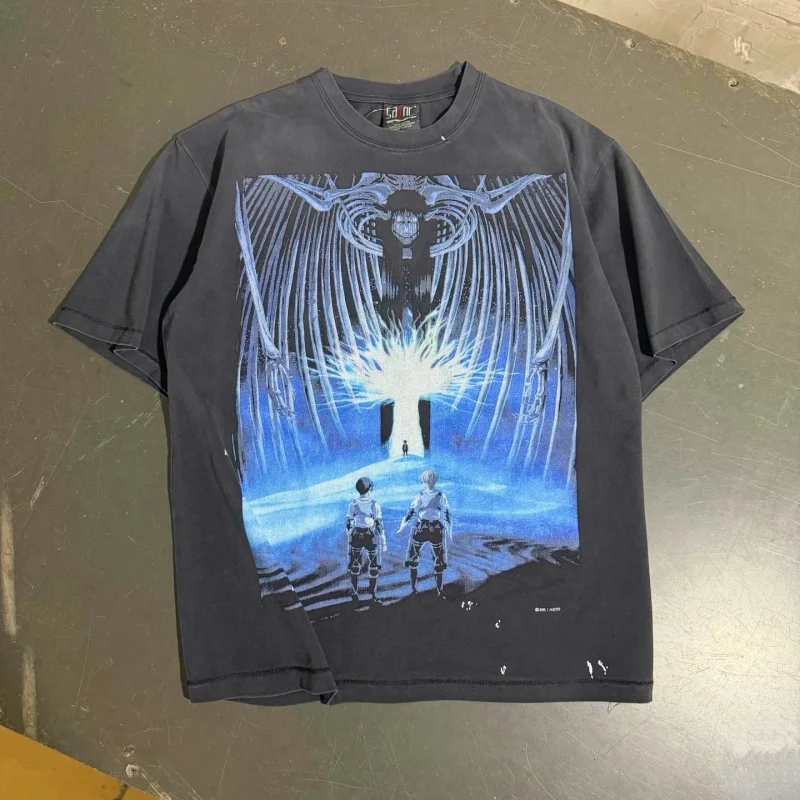 Black Trendy Washed 26SS Cartoon Print Retro Summer Crew Neck Men's Women's Short-Sleeve T-Shirt