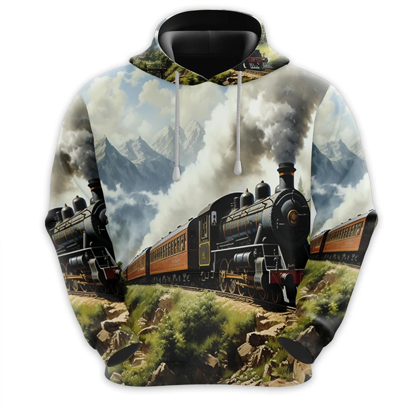 Vintage Steam Train Pattern Hoodies Fashion Autumn Long Sleeve Mens 3D Printed Hooded Sweatshirt Loose Streetwear Kids Pullover