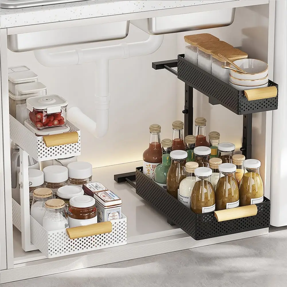 Organizzatore a due livelli da posizionare sotto il lavabo, con ripiano estraibile e sistema di scorrimento silenzioso, a forma di L, in acciaio al carbonio, ideale per riporre oggetti in cucina,