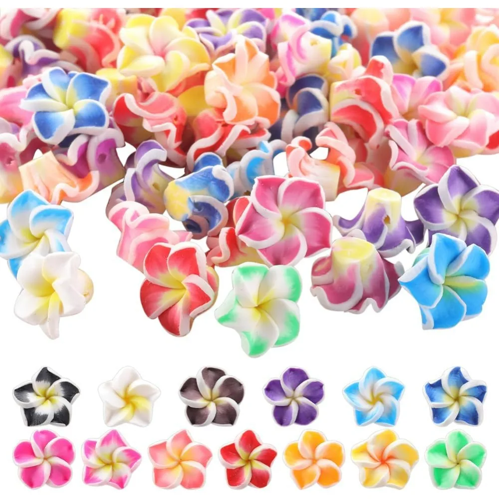 100Pcs Plumeria Beads Polymer Clay Flower Beads Bulk Handmade Hawaiian Plumerias Flowers 12x8mm Flat Back Floral Charms