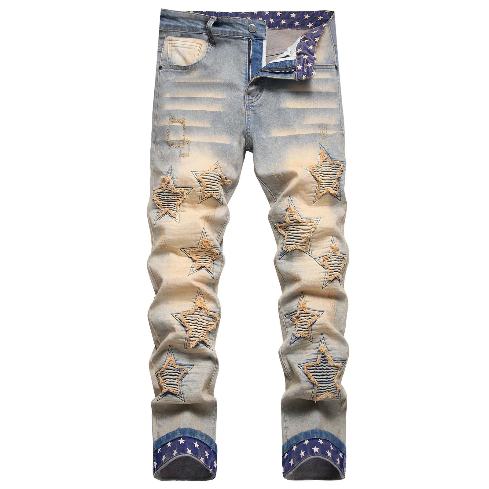 

Star Patch Denim Pants For Men American Style Streetwear Slim Straight Jeans Male Washed Distressed Trousers Vintage Men's Jeans