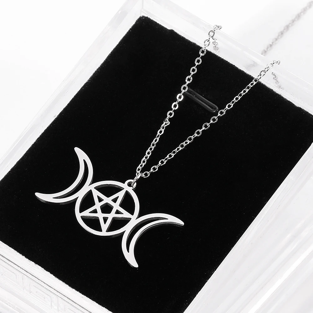 Stainless steel Triple Moon Goddess Pendant Necklaces For Men Women Wicca Pentagram Magic Supernatural Amulet Necklace