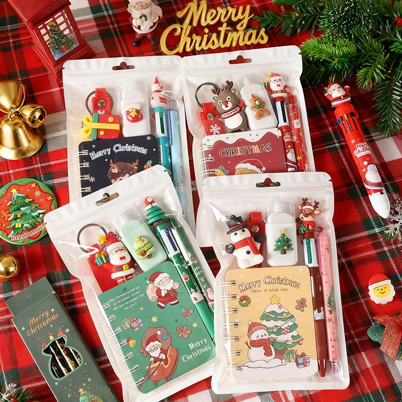 Christmas Stationery Set Kids Cartoon Pencils Eraser Memo Pads Notebook gel pen Set Keychain School Supplies Back To School Gift