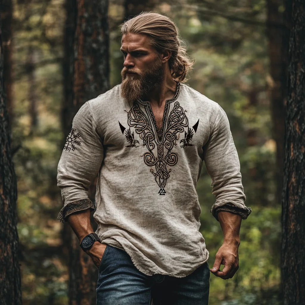 Ethnic Stripe Geometric Printing Long  Sleeved  Top Men's V-Neck Pullover Sports Men T-shirt Vintage 3D Digital Printing Top