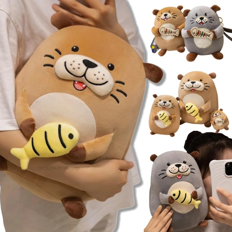 

12/20/30cm Cartoon Hugging Fish Otter Plush Toy Pendant Pillow Brown Grey Round Otter Plush Toy Home Decoration Gift For Kids