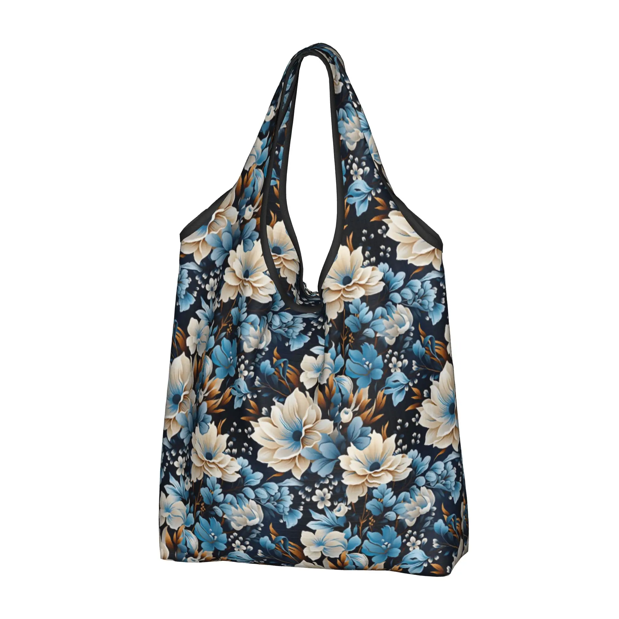 Reusable White And Blue Peony Flowers Shopping Bag Women Tote Bag Portable Serene Peony Fantasy Grocery Shopper Bags