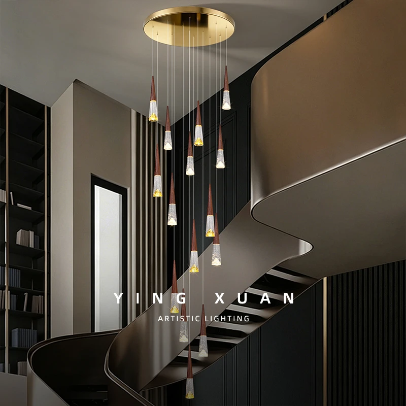 Modern staircase Hanging Lamp  villa duplex building attic high ceiling Chandelier Lighting Creative Cone Crystal Pendant Light