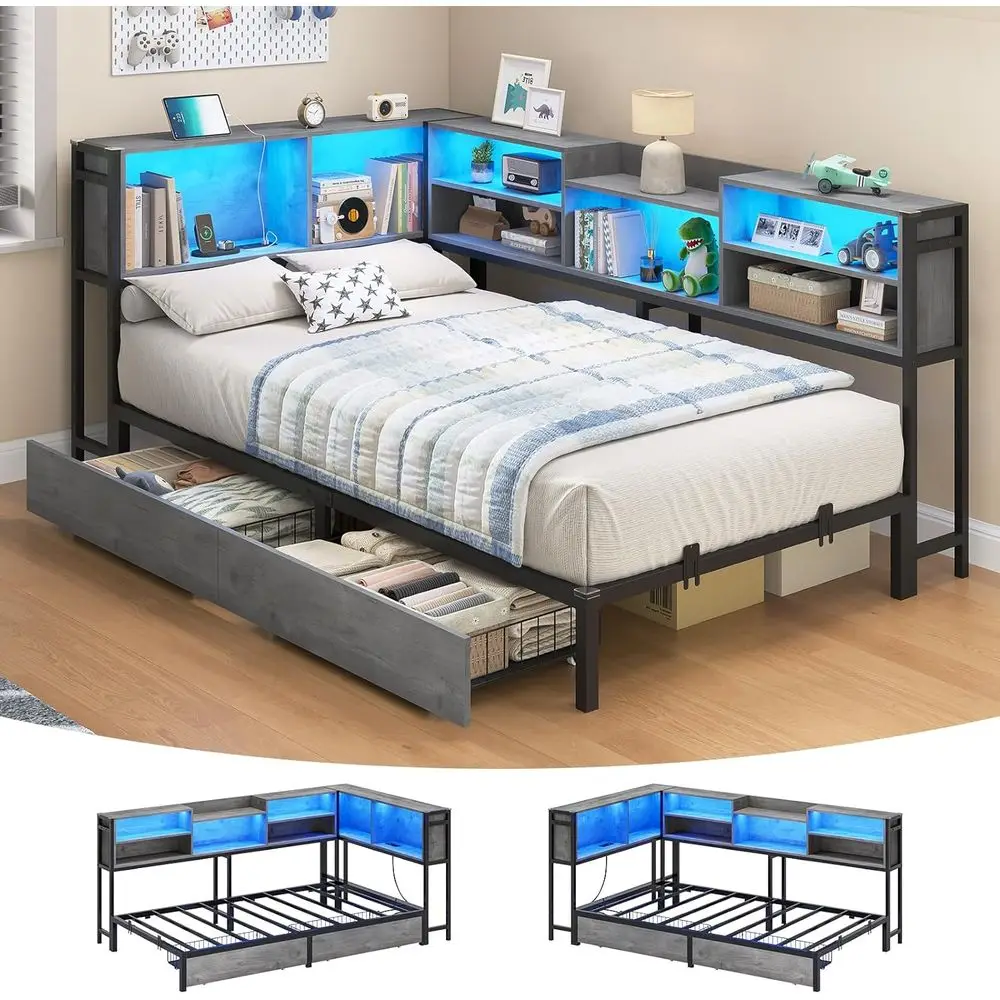 

Двуспальная кровать с 2 ящиками и книжным шкафом для хранения, кушетка с зарядной станцией и LED-подсветкой, металлическая кровать-платформа с книжной полкой, комплект