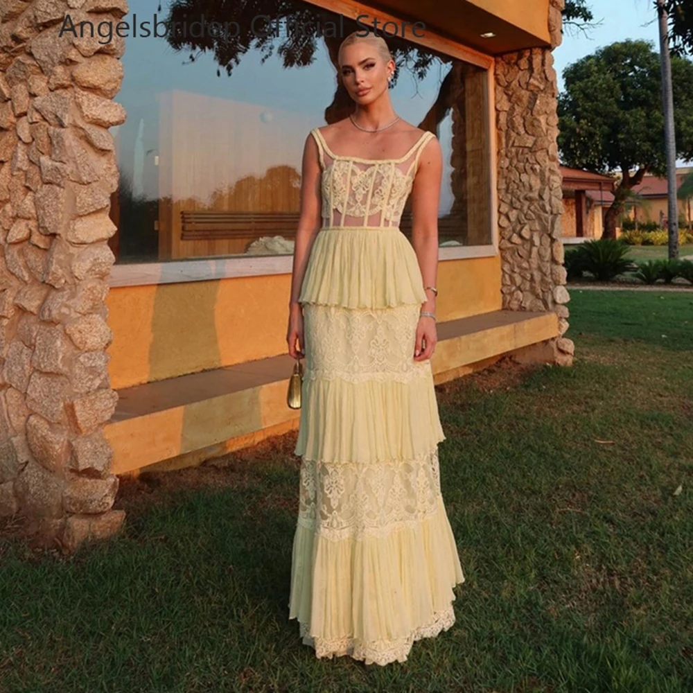 

ANGELSBRIDEP Yellow A-line Prom Dresses Formal Party Women Evening Gowns Tiered Lace Appliques Spaghetti Straps Robe De Soirée