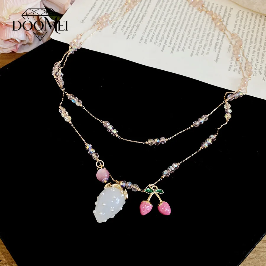 DOO MEI Double Layer Strawberry Pendant Necklace For Women Crystal Bead Chain Sweet Cute Fruit Charm Daily Party Jewelry