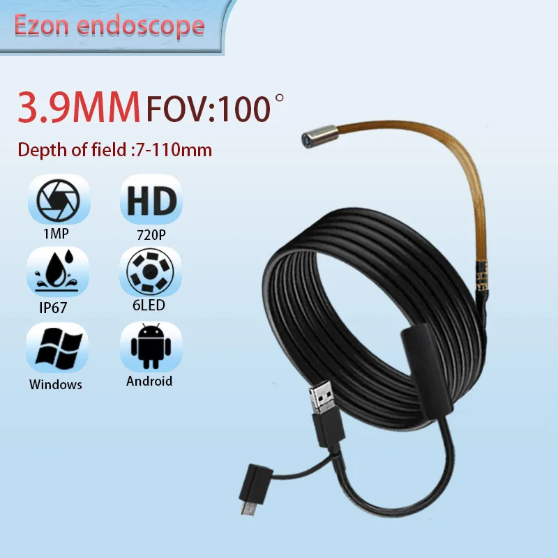 

1 МП 3,9 мм FPC 100 ° Широкоугольная эндоскопическая камера для проверки трубопровода, 1,5 м USB Type-C Android 3-в-1 эндоскоп с мягким шнуром