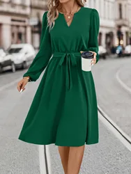 Robe à bretelles à col en V à manches longues pour femmes, vert, élégant, décontracté, traction à la taille, éducatif, mode, automne, hiver, nouveau