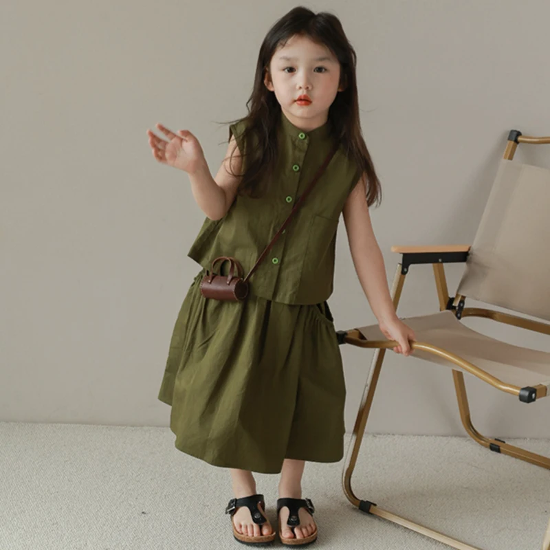 Summer Children Girl Clothes Suit Single-breasted Sleeveless Blouse+Skirt 2Pcs Set For Girls Fashion Casual Kids Clothing Outfit