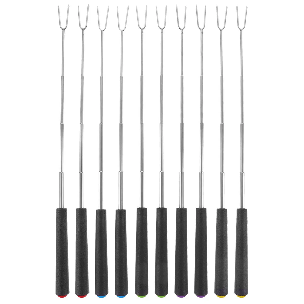 

10 Pcs Chafing Dish Telescopic Barbecue Fork Grilling Stick Outdoor Bbq Tool Roasting Meat Stainless Steel