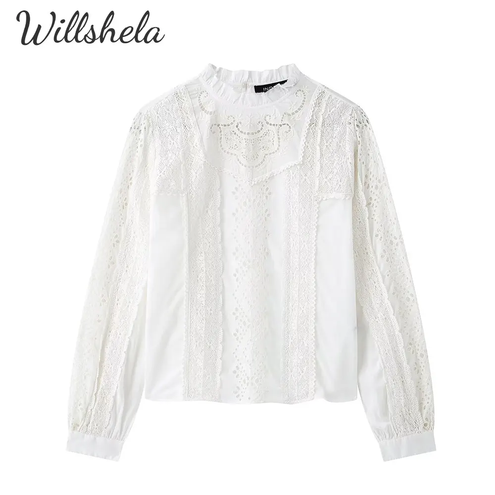 

Willshela Women Fashion Embroidery White Shirt Lace Hem Chic Casual Mujer Korean Tops Blouse（Do not order, out of stock now）