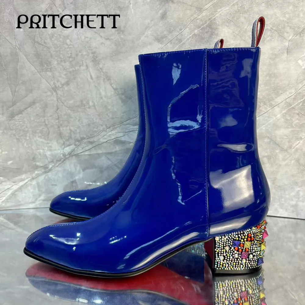 

Blue Patent Leather Ankle Boots Colorful Luxury Crystal Square Heel Boots Fashionable Personality Casual Large Size Men's Boots