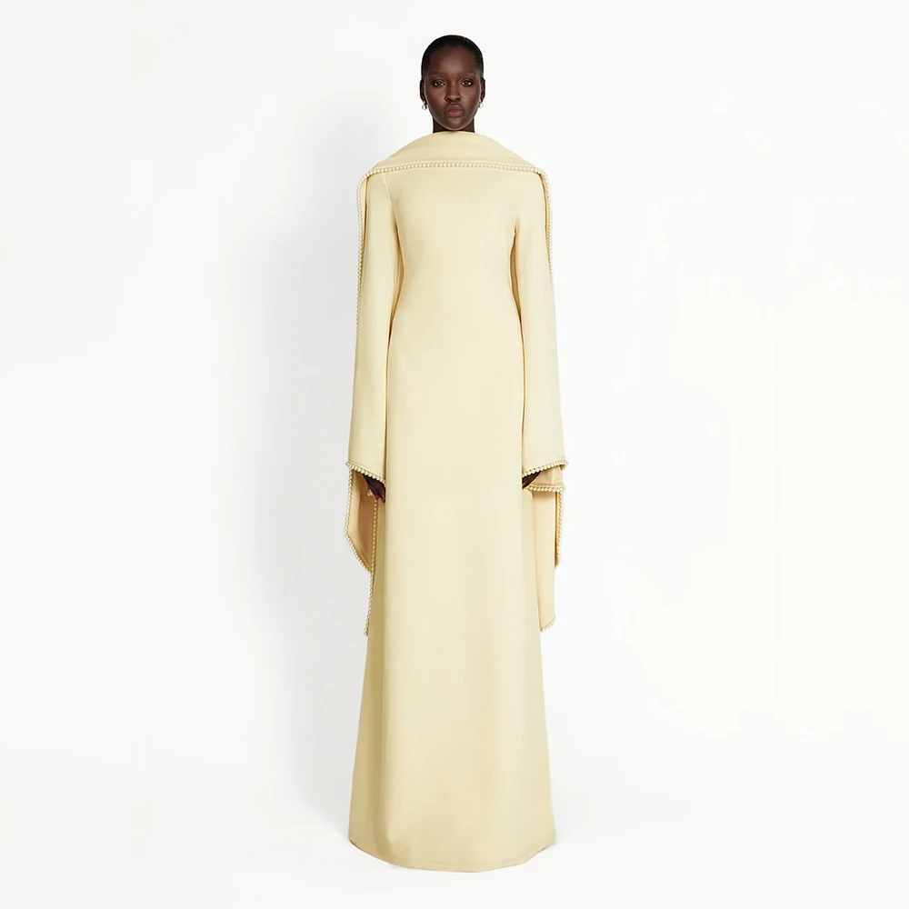 

Modest Evening Dress Pearls O Neck Full Sleeves A Line Elegant Wedding Guest Gowns for Women 2025 With Scarf Formal Party Dress