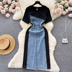 Chic Dresses For Women Denim Cotton Patchwork Vintage Dress O-neck Casual  Almighty Vestidos Femininos Korean Fashion Dropship