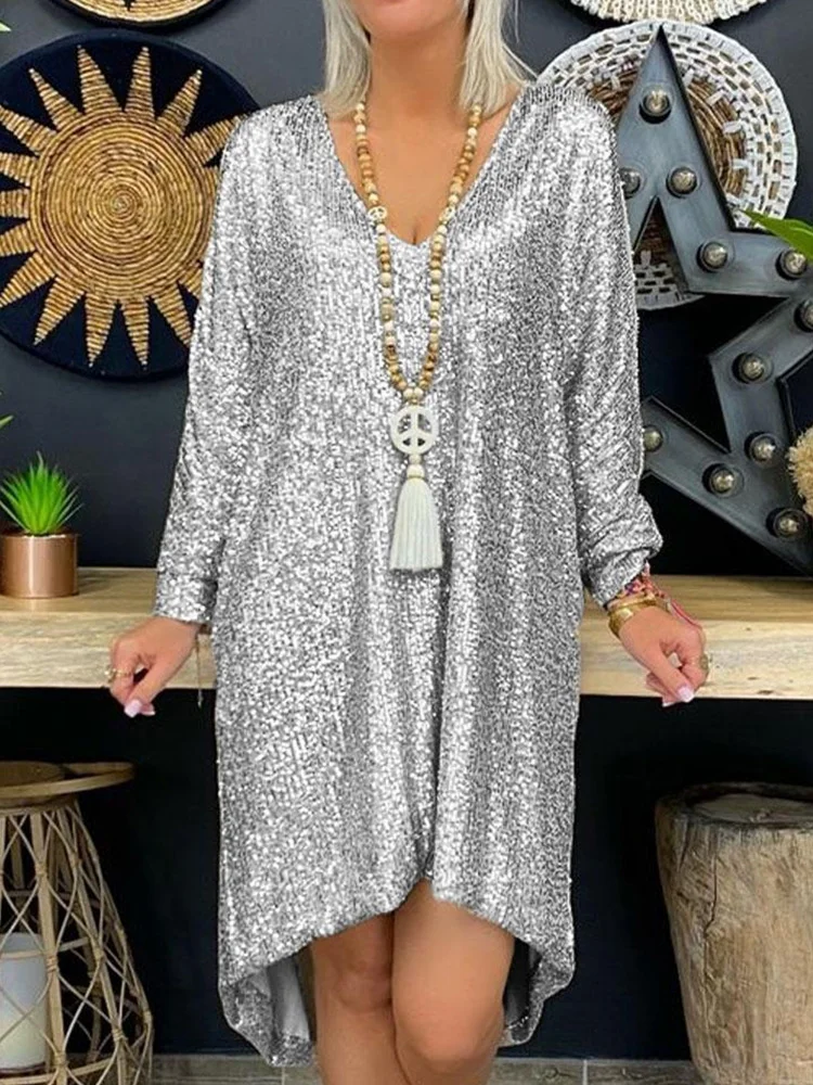 Fashion Sequin Party Dress For Women Sexy Deep V Long Sleeve Loose Casual Beach Irregular Dresses Female Clothing Vestidos