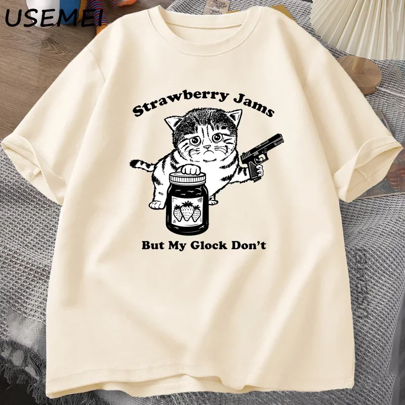 Mermelada de fresa pero mi Glock no atrapa gatos gato divertido papá Camiseta de algodón de verano ropa transpirable y holgada