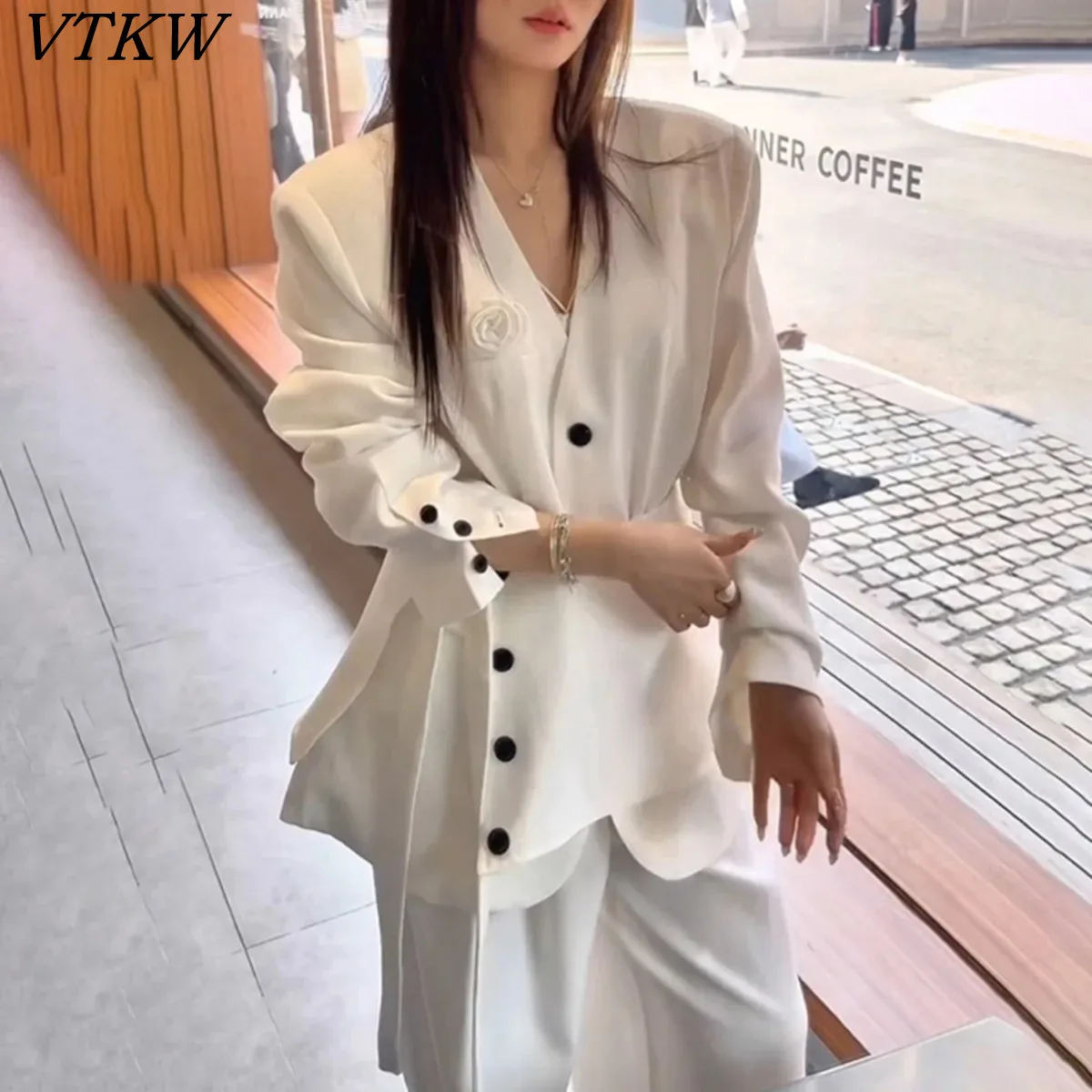 

VTKW 2026 Women 2 Piece Suit Blazer Wide Leg Pants Set V Neck Rose Decor Asymmetric Button Tie Waist White Elegant Office Outfit