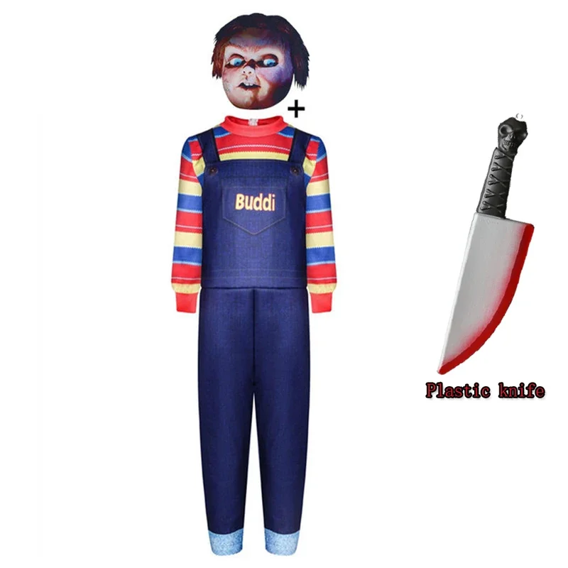 Disfraz de Cosplay de Chucky para niños, muñeca fantasma, conjunto completo, máscara, cuchillo de plástico, Disfraces de Halloween de terror, vestido de Festival de pesadilla para niña