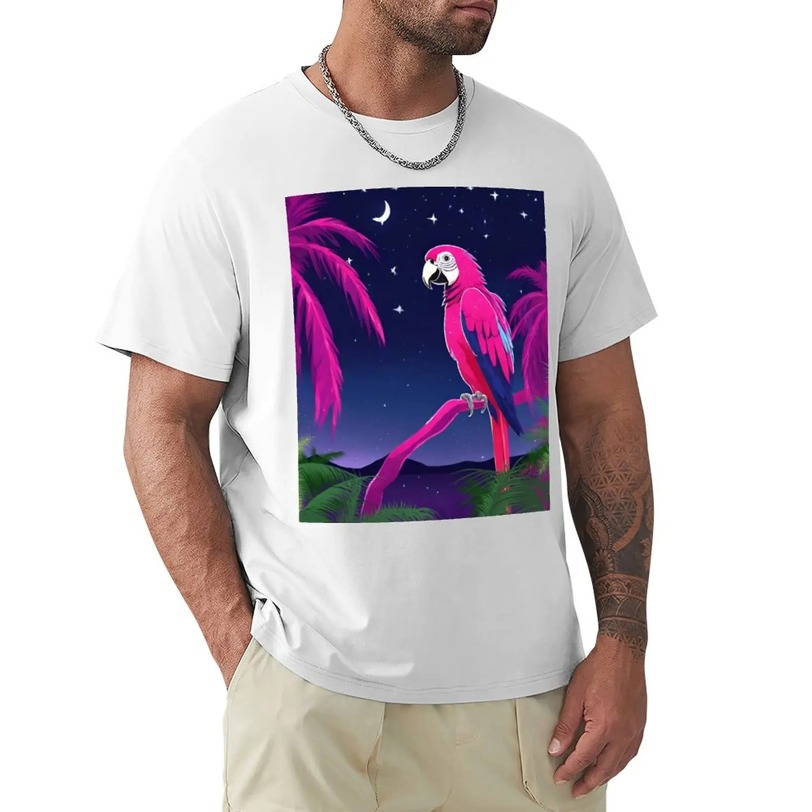 Parrot and palms at evening, sky fall of stars, exotic vibes T-Shirt summer clothes hippie clothes oversizeds men workout shirt