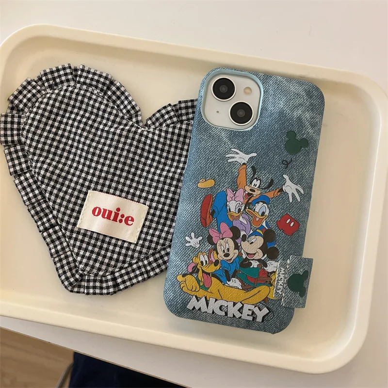 Luxury Disney Mickey Mouse PU Hard Phone Case for iPhone 12 13 14 15 Pro Max Cute Minnie Donald Daisy Pluto Goofy Cover