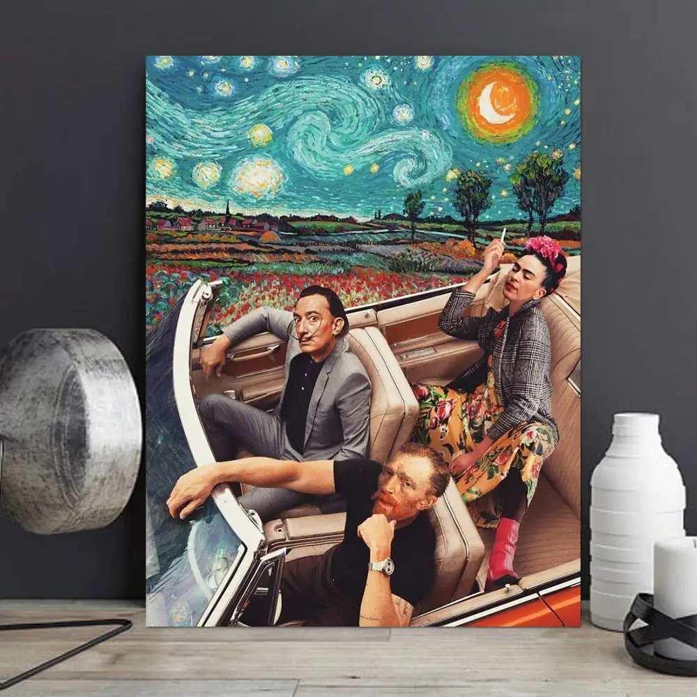 

Van Gogh And Salvador Dali Driving Funny Character Blue Starry Night Canvas Painting Wall Art Poster Print For Living Room Decor