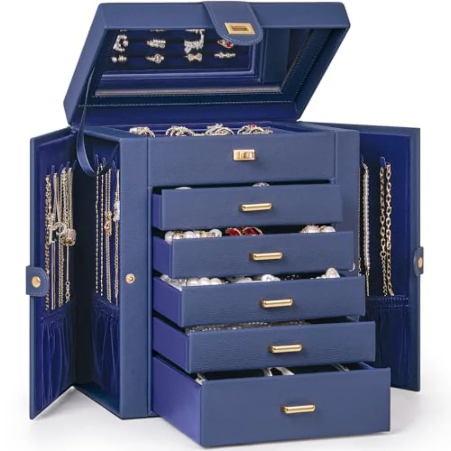 6-Tier Jewelry Box Organizer Functional 5 Drawers Leather Jewelry Storage Case for Women Girls Ring Necklace Earring Bracelet H