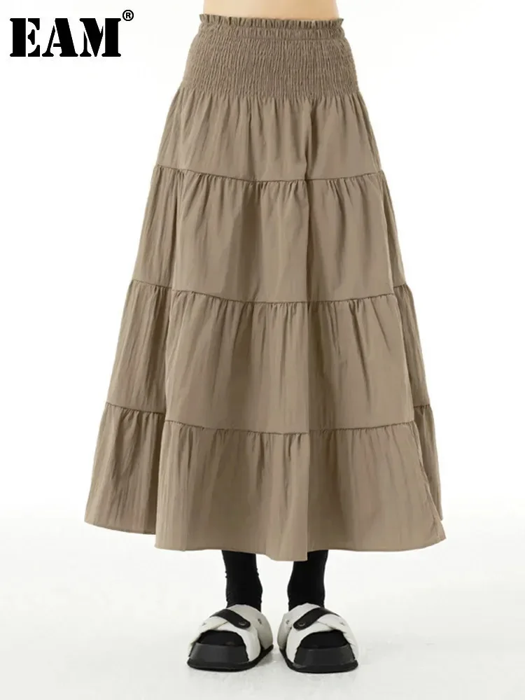 

[EAM] High Elastic Waist Khaki Pleated Elegant Midi A-line Half-body Skirt Women Fashion Tide New Spring Autumn 2024 1DH4822