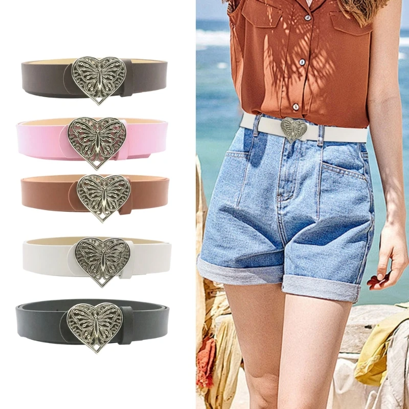 

Popular Belt for Pants Dress Metallic Butterfly Buckle Waistband 2000s Waist Belt PU Leather Waistband for Date Daily Wear