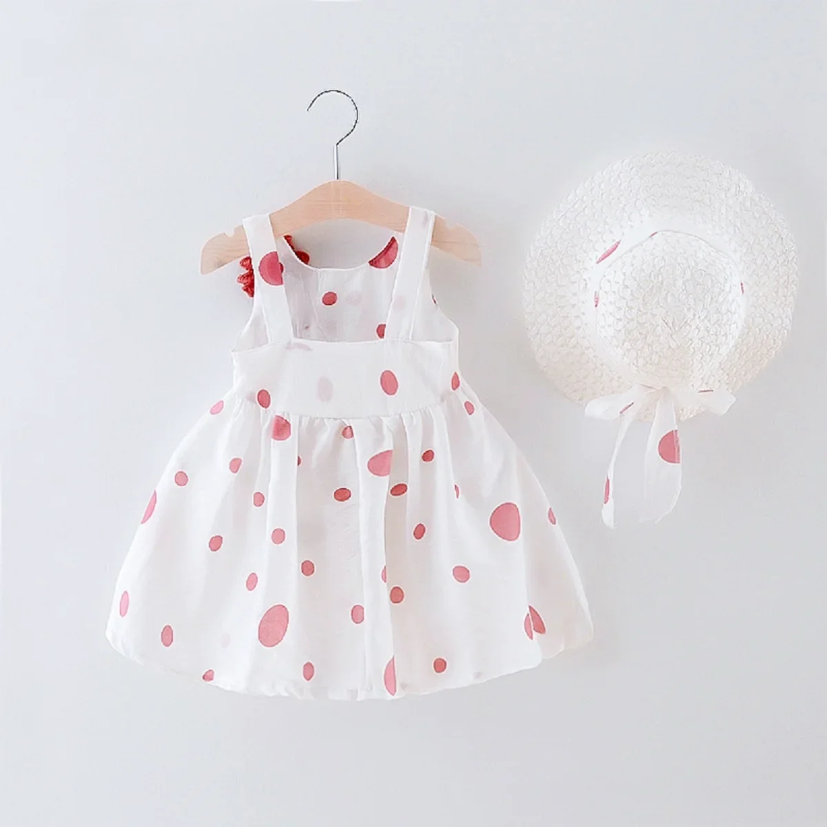 New Summer Girls Dress Floral Embellished Birthday Party Team Dress Polka Dot Full Print + Hat Bow Sweet Princess Dress