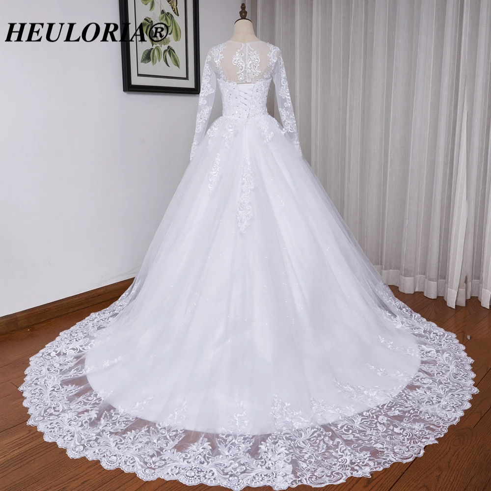 HEULORIA princess wedding dress long sleeve lace beading shinny skirt bride dress ball gown bridal gown