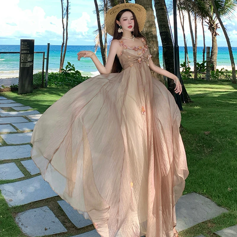 ภาษาฝรั่งเศสคําอารมณ์หวาน 3D ดอกไม้ Boho ชุดยาวหญิงเซ็กซี่สปาเก็ตตี้ Slim เอววันหยุดชุดบอลชุด