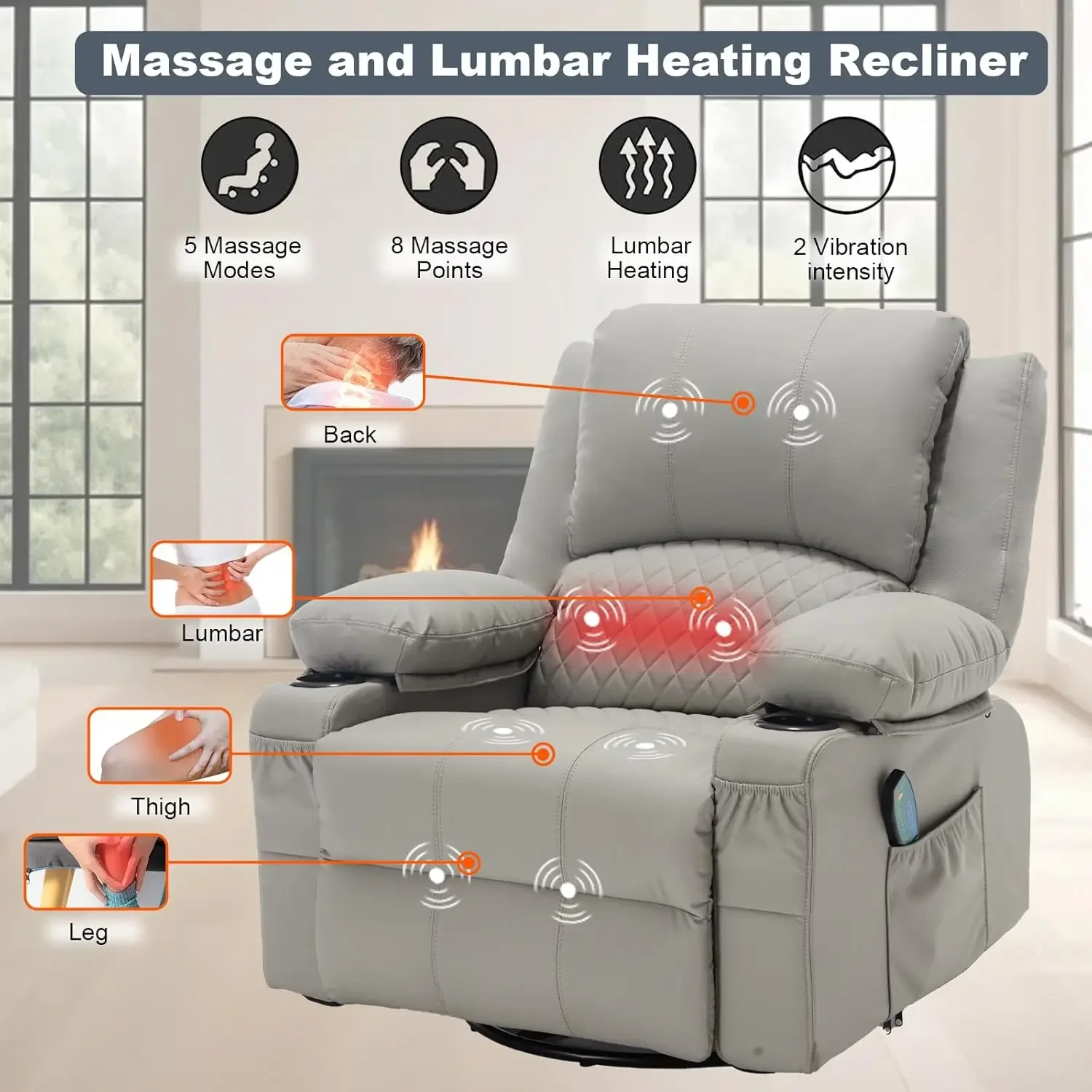 [متجر هيلونج] كراسي هزازة للتدليك مع كراسي يدوية مريحة من الجلد الصناعي الحراري مع حاملات أكواب، G