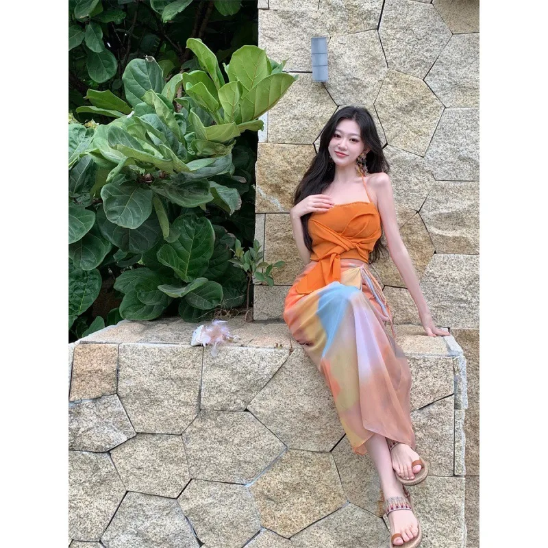 

Summer Dopamine Vacation Style Set With Sexy Sleeveless Top And Orange Tie Dyed Design For A Niche Long Dress