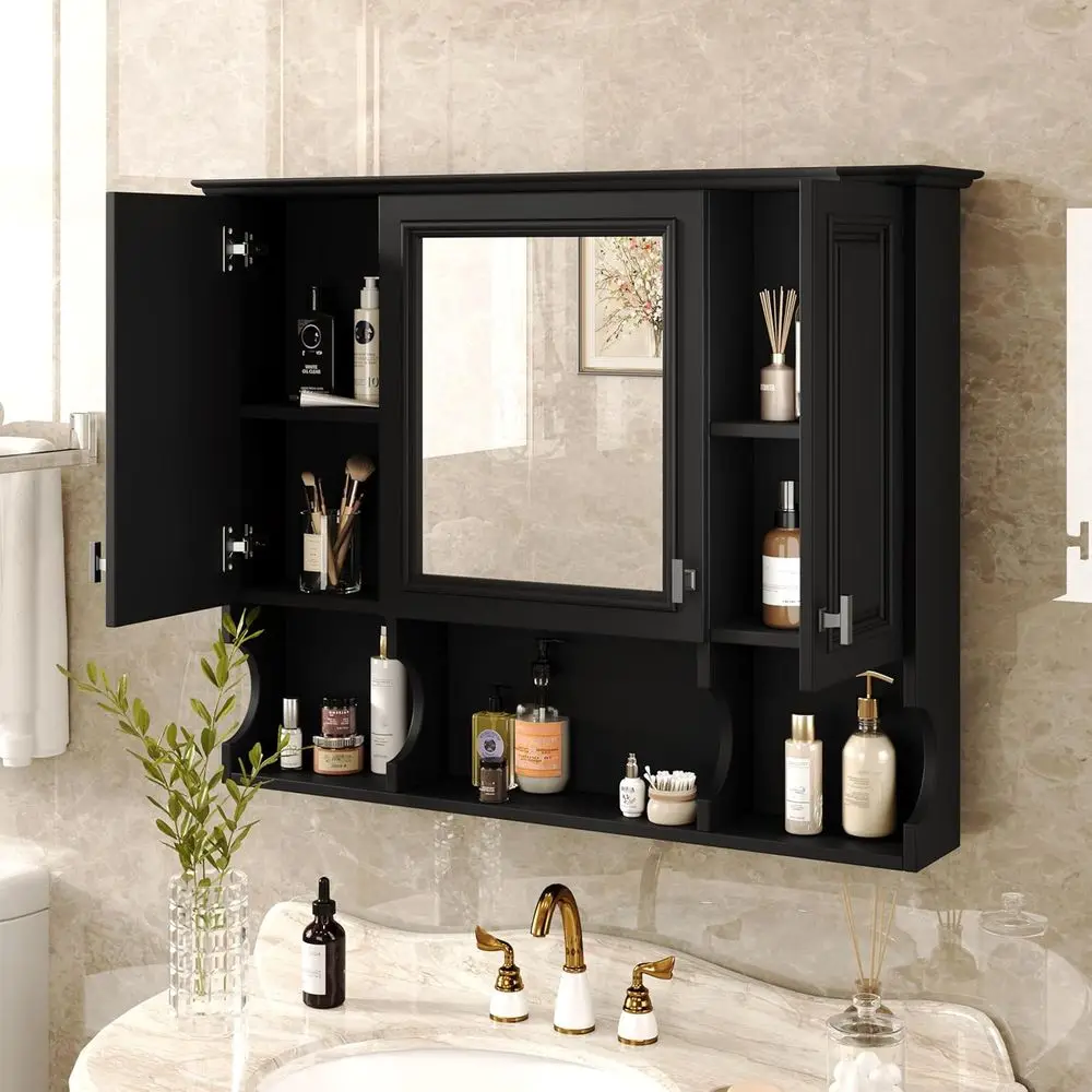 Bathroom Wall Cabinet with Mirror, Wall Mounted Medicine Cabinet with Adjustable Shelves and Open Spaces, 35" x 28" Mirrored Doo view 4