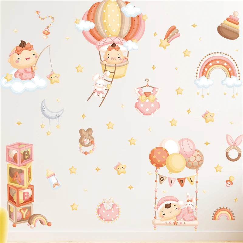 Cartoon Baby Star Moon Rainbow Balloon Wall Stickers For Home Decoration Diy Pattern Mural Art Kids Bedroom Decals Pvc Posters