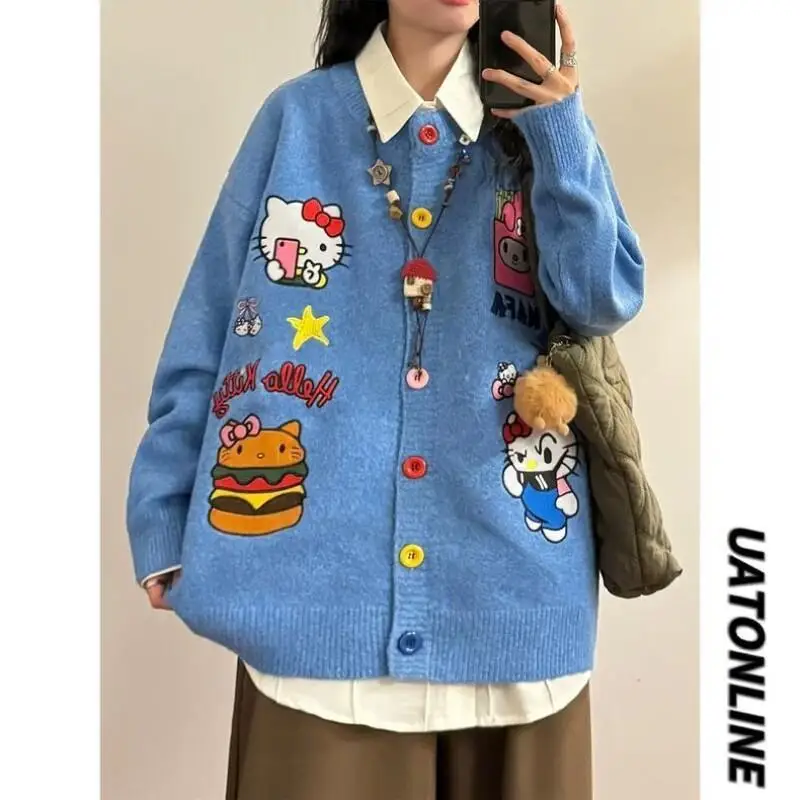 

Женский кардиган Sanrio Hello Kitty, вязаный, осенне-зимний, повседневный, винтажный, в американском стиле, с милой мультяшной вышивкой, свободного кроя