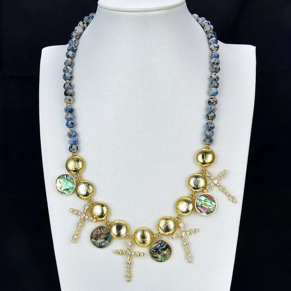 

G-G Multi Color Blue K2 Faceted Rondelle Stone Gold Brushed Beads Necklace Pupa Abalone Shell Pave Cross CZ Pendant