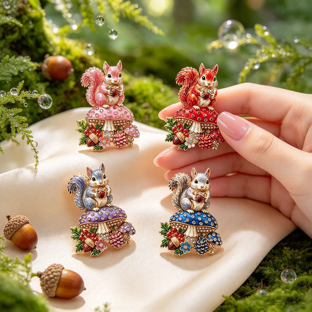 Squirrel Mushroom Enamel Brooch, Rhinestone Cute Animal Pin, Forest Acorn Lapel Pin Jewelry Gift for Women Clothing Decoration