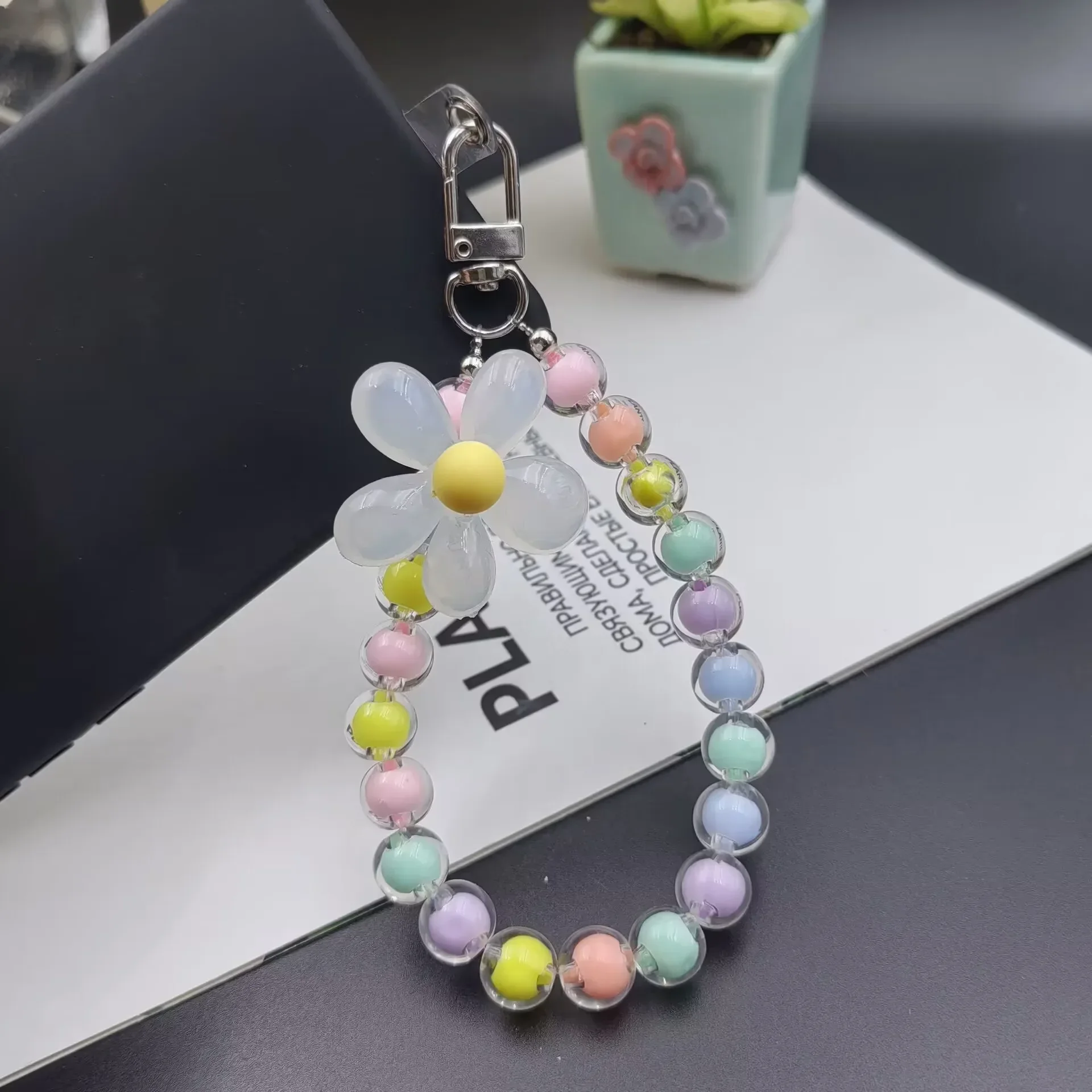 Phone Anti-lost Lanyard Key Short Wrist Pendant Colorful Macaron Round Bead Pendant Women's Hand-held Chain Mobile Phone Lanyard