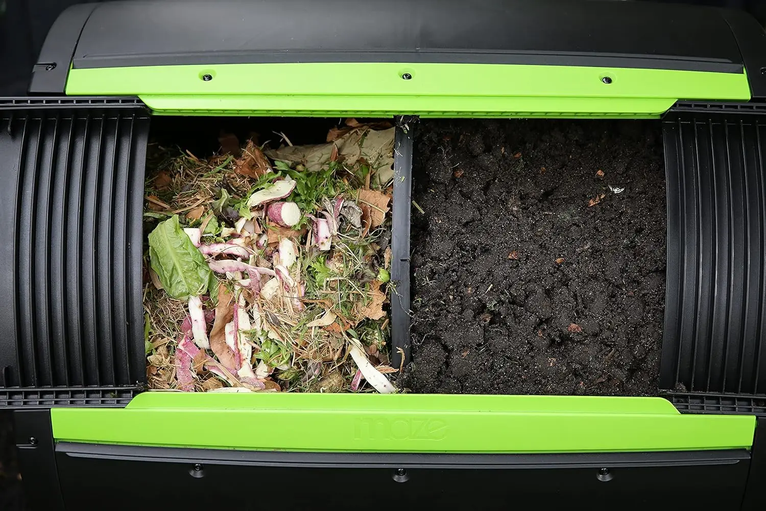 Labirinto Dual Chamber Compost Tumbler, 65 galões, Grande porta dupla, Base aberta, Vem com Maze Compost Cart