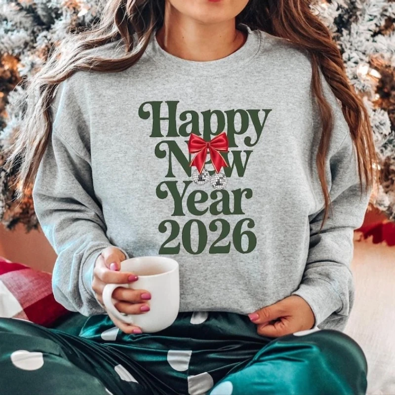 

Толстовка в стиле ретро с Новым годом Hello 2026, вечерние повседневные уличные модные удобные уличные женские эстетические топы с длинными рукавами