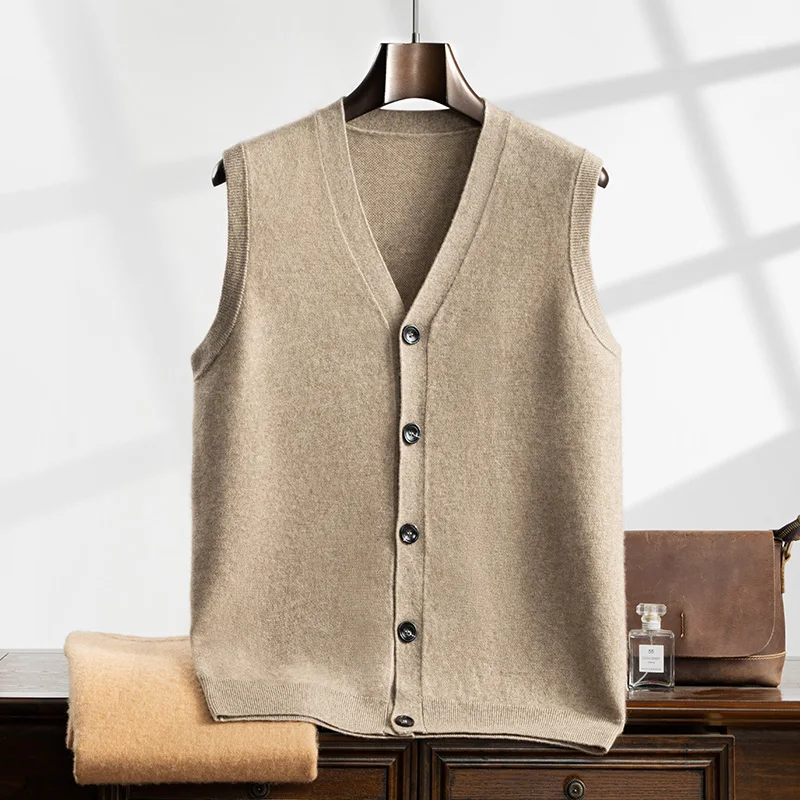 

High Quality Men's 100% Cashmere V-Neck Button Vest Cardigan Autumn Winter Warm Sleeveless Knit Waistcoat Business Casual Top