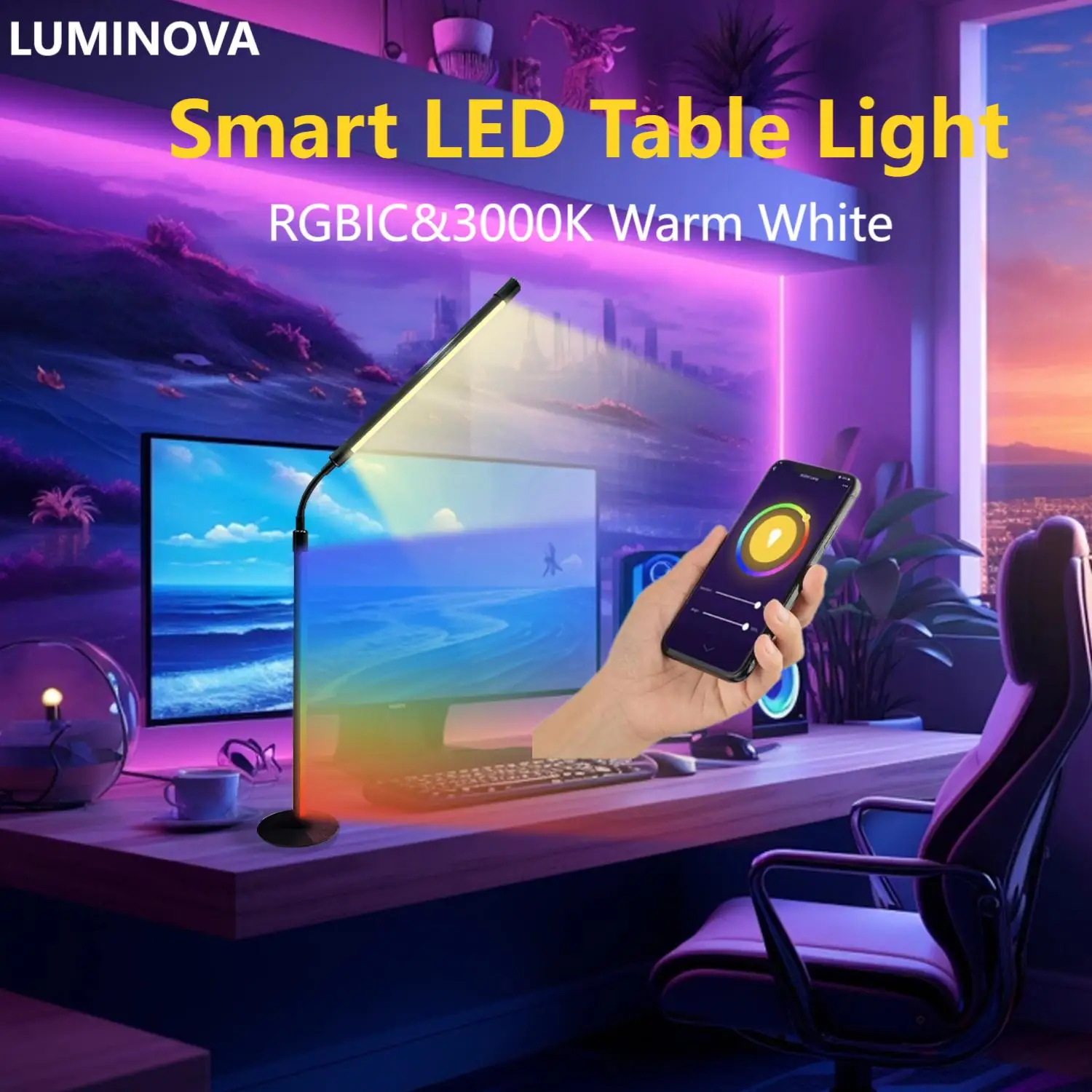 

Smart Table Lamp, Dimmable Desk Lamp with App Control, LED RGB Color Changing Lamp, Night Light with Music 16 Millions Lighting